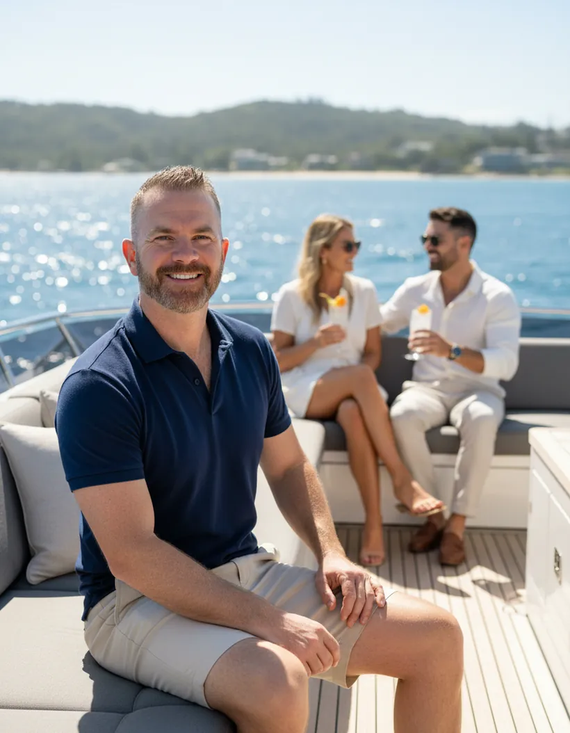 Andy Carey on a boat with friends