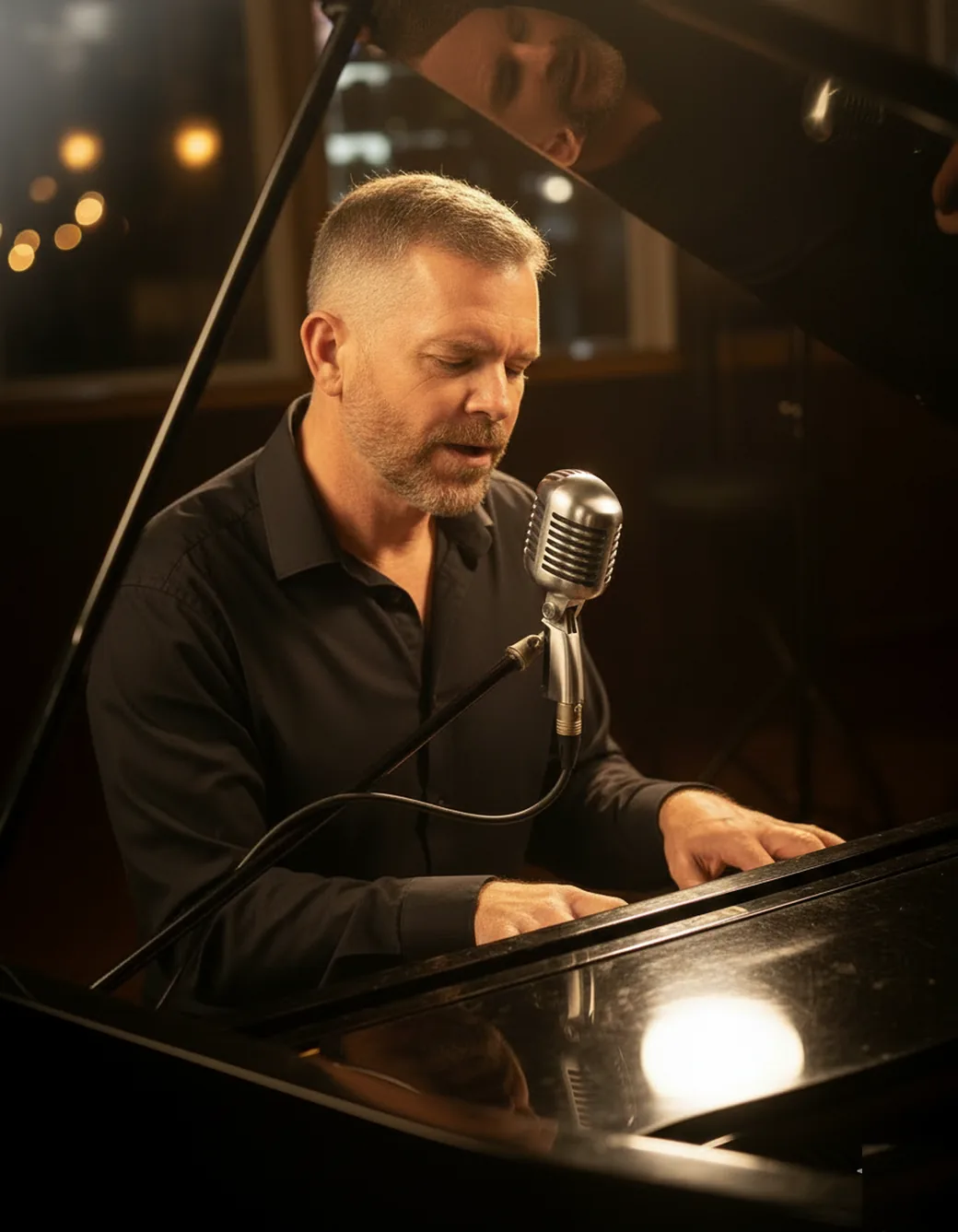 Andy Carey singing at a grand piano in the studio