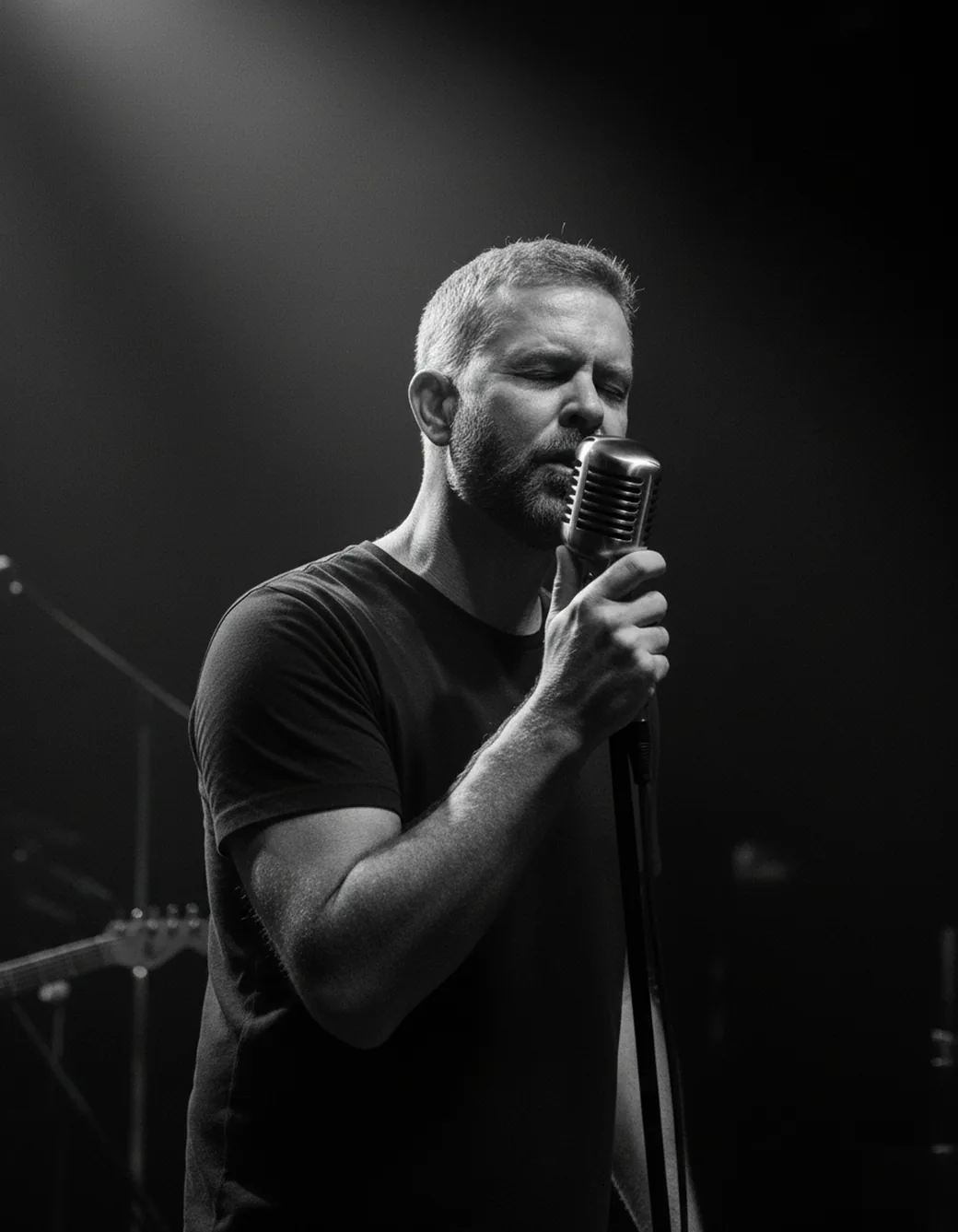 Andy Carey singing into a vintage microphone on stage